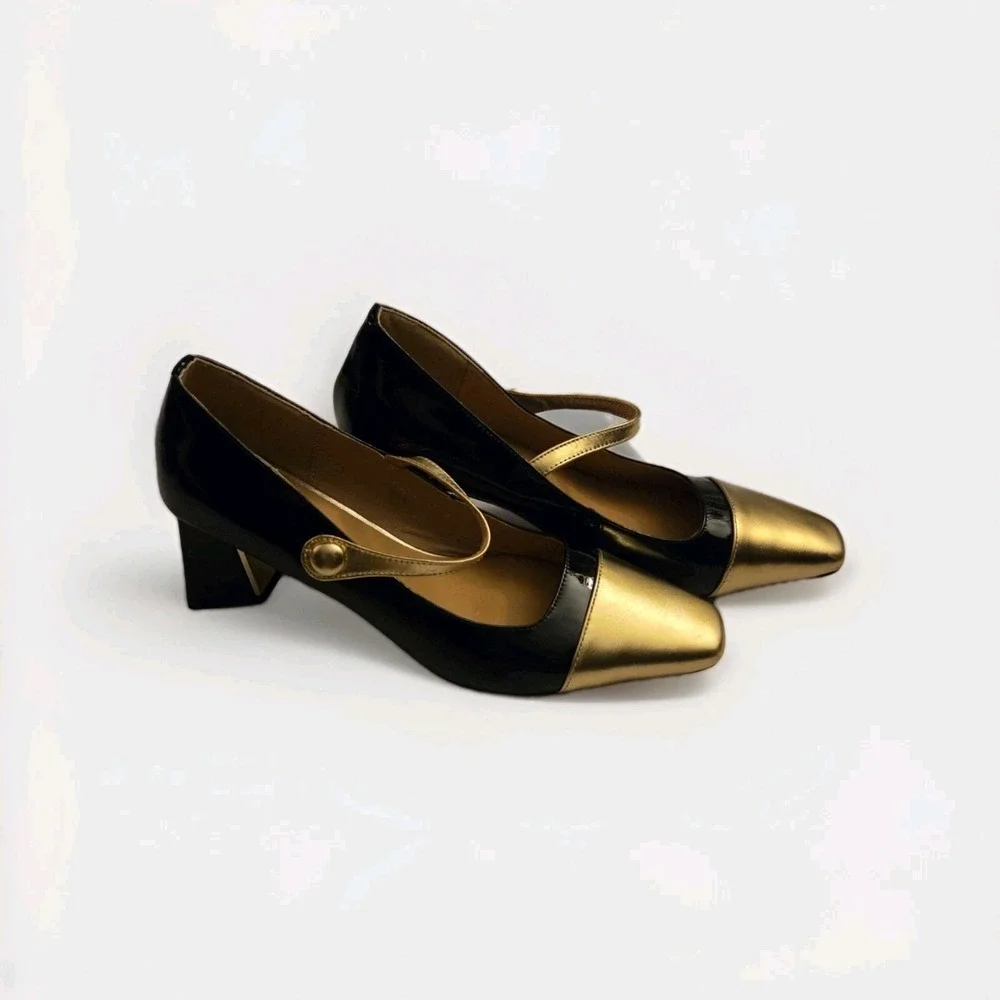 Handmade Vintage Mary Jane Heels Black Gold Cap Toe Patent Leather Size 9 /... - Picture 8 of 12